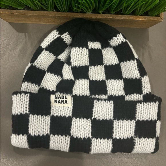 Women’s Knit Black and White Checkered Hat - Picture 2 of 8